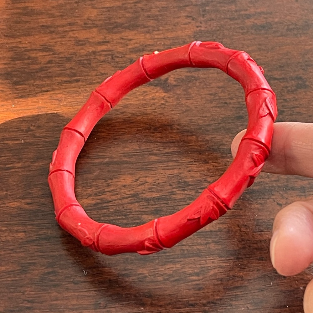 Kabuki red carved bamboo cinnabar style bangle bracelet